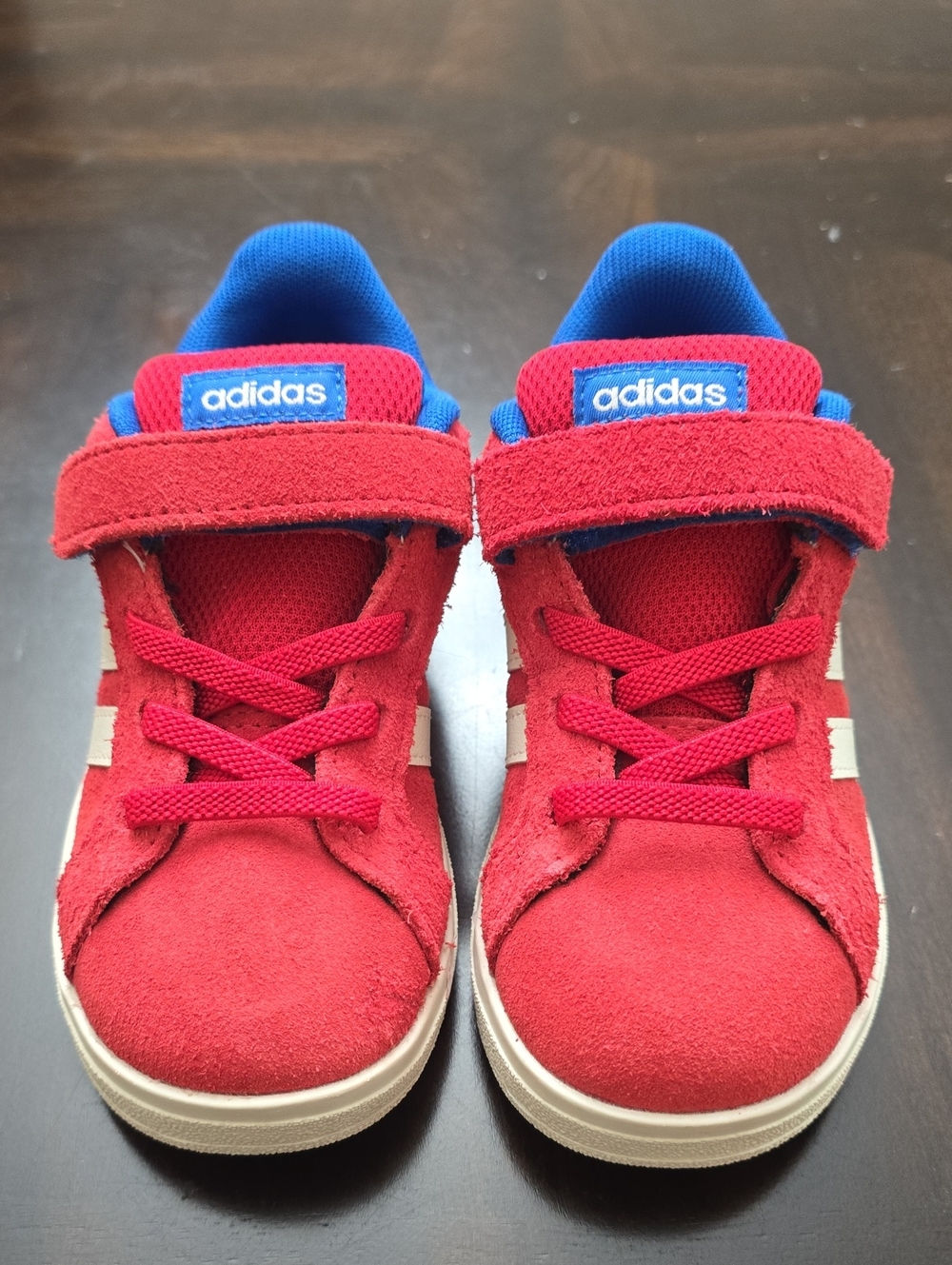 adidas Kids Red Suede Sneakers Blue Collar and White Stripes Size 9 Toddler NWOT